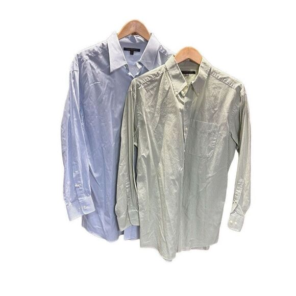 Tommy Hilfiger Set of 2 Long Sleeve Striped Button-Down Shirts Green and Blue La - Picture 1 of 10